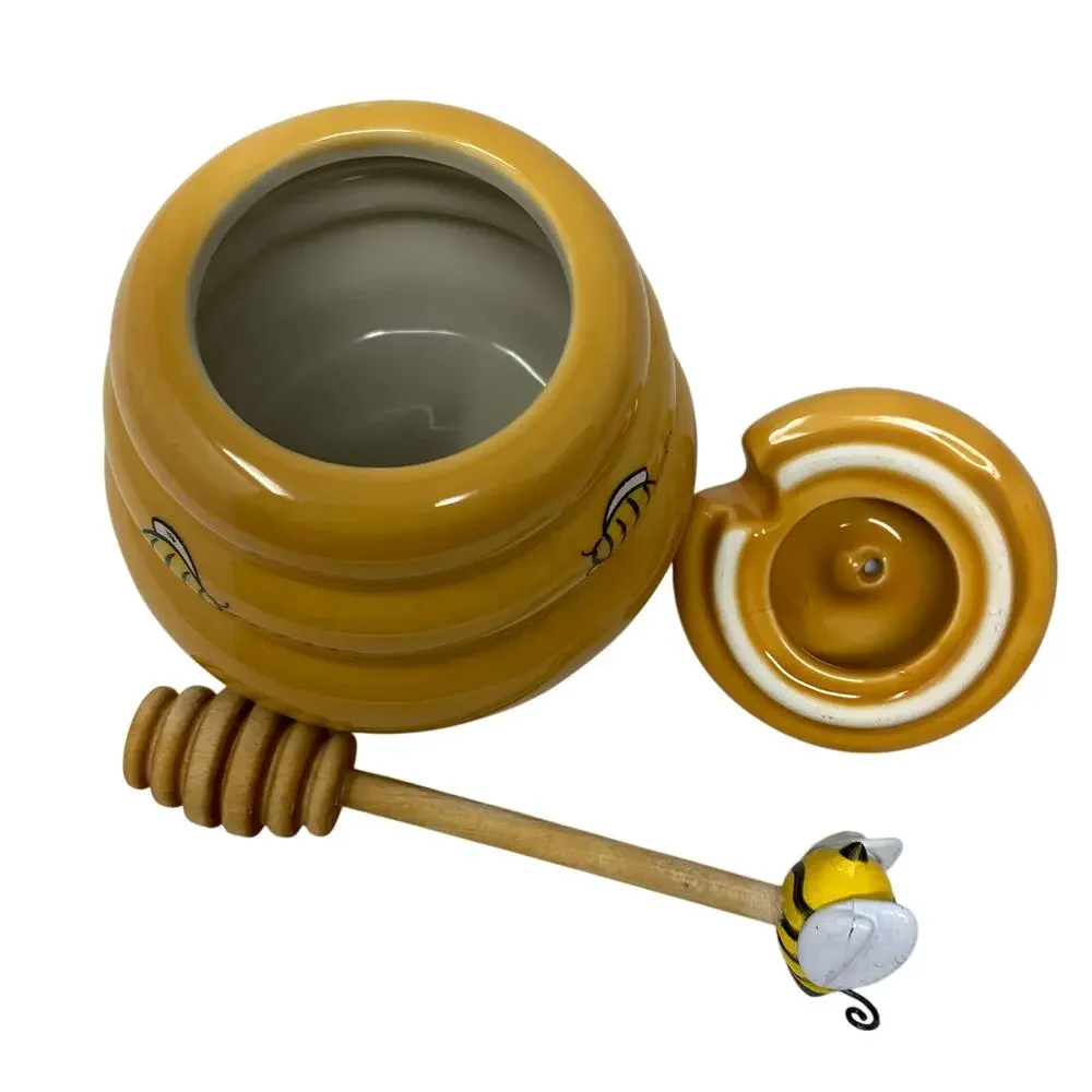 Ceramic Beehive Shaped Honey Pot With Wooden Dipper 5 Oz
